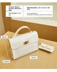 White crocodile pattern handbag detail showing 21x5.5x16cm dimensions and gold chain strap