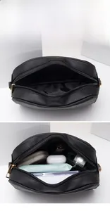 Detailed view of spacious interior of black crossbody bag filled with daily essentials