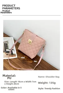 Pink quilted PU shoulder bag showing size 18x7x20cm and gold metal lock detail