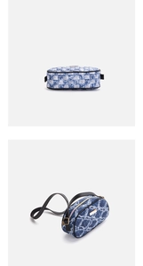 Detail of blue checkerboard fabric and distressed denim crossbody bags with gold hardware