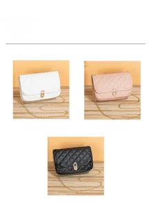 Three elegant quilted shoulder bags in white, pink, and black with golden chain straps
