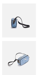 Detail of blue denim shoulder bag featuring floral rose jacquard and golden hardware