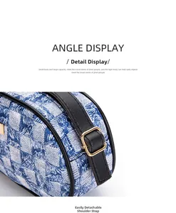 Detail of blue and white checkered fabric with gold hardware and detachable strap