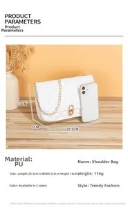 Detailed size view of white quilted crossbody bag with gold chain and metal twist lock