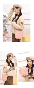 Three-way view of pink quilted leather crossbody bucket bag with golden lock closure