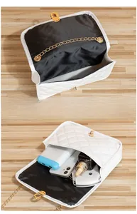 Capacity detail of white quilted chain handbag showing storage space for phone and makeup
