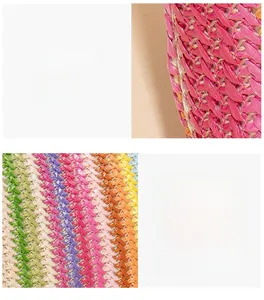 Close-up of vibrant pink and rainbow straw weave textures with tight stitching