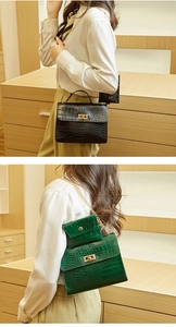 Detail of elegant crocodile pattern handbag set with gold chain strap on stylish model