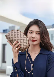 Chic checkered monogram clutch bag with golden zipper held by a model in the city