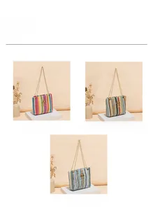 Three colorful woven straw bucket bags with gold chain straps in a vertical layout