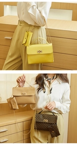 Detail of crocodile pattern handbag with small chain pouch and golden metal lock