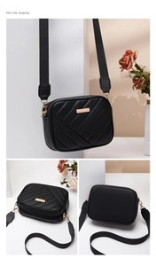Detailed multi-angle views of black quilted crossbody bag with golden metal accent and wide strap