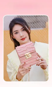 Pink croc-embossed phone bag featuring a gold metal clasp and elegant chain shoulder strap