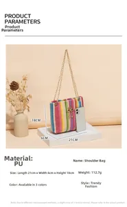 Detailed product parameters of rainbow woven bucket bag with swan charm and chain strap
