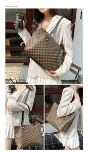 Close-up of retro polka dot tote bag with black leather straps in an outdoor setting