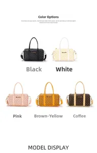 Boston bags set in five colors with vintage monogram print and golden metal hardware