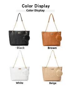 Four colors of V-quilted tote bags with gold chains and matching round coin purses