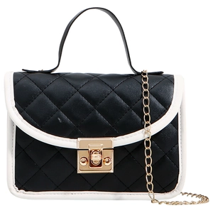 Elegant black quilted leather handbag with white contrast trim and gold chain strap