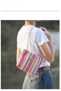 Detail of colorful striped straw shoulder bag with gold chain and swan charm