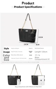 Size chart for black chevron quilted tote bag with chain strap and round coin purse detail