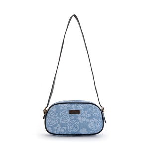 Denim underarm bag with floral rose pattern, light blue denim fabric and black shoulder strap