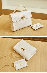 Detail view of white crocodile pattern crossbody bag with mini coin purse and gold chain