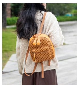 Outdoor shot of a vintage mini backpack with yellow monogram pattern on a model