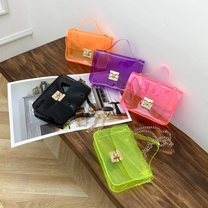 Women Transparent PVC Crossbody Bag Jelly Neon Small Square Shoulder Bag With Metal Chain Strap And Turn Lock Chic