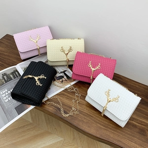 Women Woven PU Leather Crossbody Bag Golden Deer Head Tassel Flap Square Chain Shoulder Purse Fashion Elegant
