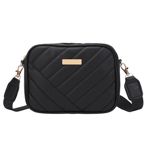 Elegant black chevron quilted camera bag with golden metal hardware and wide strap