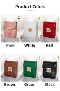 Selection of glossy crocodile pattern crossbody bags in six vibrant colors with gold chains