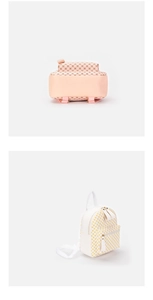 Detailed views of pink and white mini backpacks featuring geometric patterns and front zip pockets