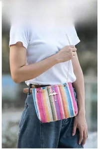 Detail of colorful woven bucket bag featuring gold swan buckle and chain strap