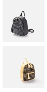 Detail of mini backpacks showing classic checkered and monogram patterns in leather