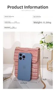 Detailed specs of pink faux crocodile leather mini crossbody bag with dimensions and texture