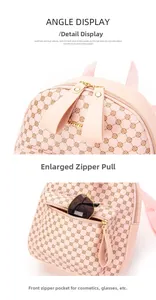 Detailed view of pink PU leather mini backpack with monogram print and double zip closure