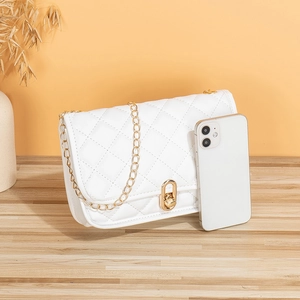White quilted PU leather crossbody bag with gold chain and metal twist lock for women