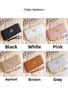 Detailed grid view of six colored quilted long purses with gold chain buckle and wrist strap