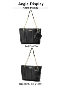 Detail of black chevron quilted tote bag with gold chain strap and mini round purse