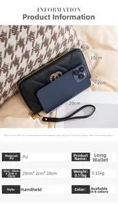 Detailed view of black quilted PU leather long purse with size comparison and gold hardware