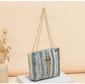 Close-up of rainbow striped woven bucket bag featuring a gold swan buckle and chain