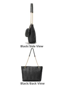 Detail view of black quilted tote bag with V-shaped stitching and mini coin purse charm