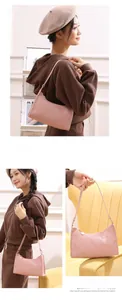 Detailed views of a pink quilted half-moon shoulder bag with sleek PU leather finish