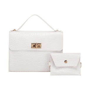 White crocodile pattern handbag set with golden twist lock and matching small pouch