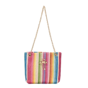 Rainbow woven bucket bag with golden flamingo charm and elegant metal chain strap