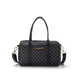 Classic Boston handbag with gray geometric print and gold metal logo on white background