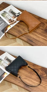 Detailed close-up of quilted PU leather shoulder bags in brown and black colors