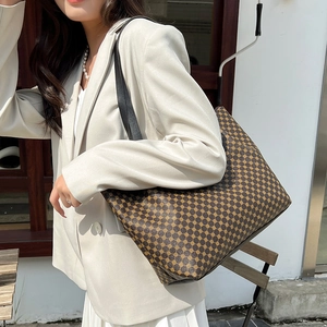 Vintage large capacity canvas tote bag with geometric pattern and black leather straps