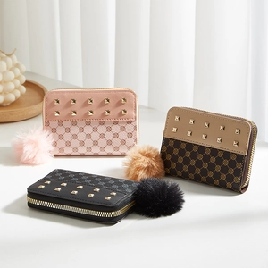 Women Short Wallet PU Leather Zipper Coin Purse With Rivets And Fur Ball Pom Pom Geometric Monogram Print Card Holder