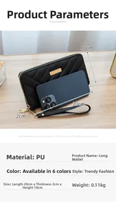 Detailed size comparison of black quilted long wallet with smartphone on wood surface